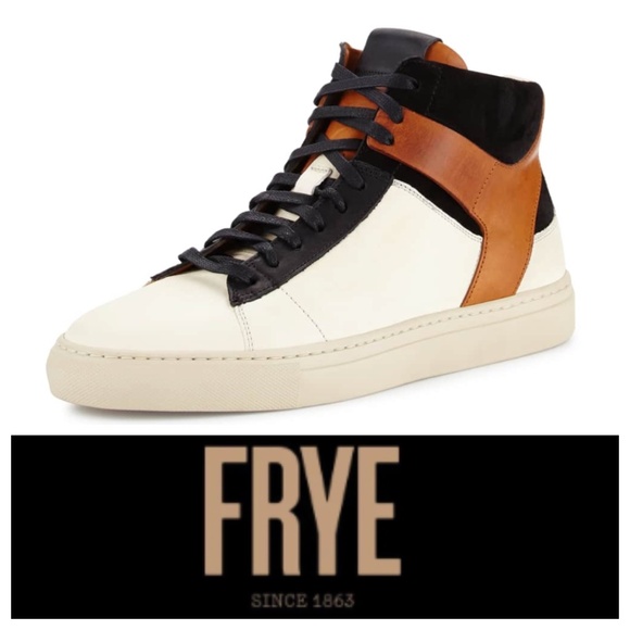 Frye Owen Mens Sz 12 Sneakers Shoes Hi-Tops Leather Cream Black Brown Italy